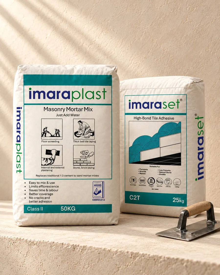 Imaraplast MortarMix and Imaraset tile adhesive together on a plaster worktop
